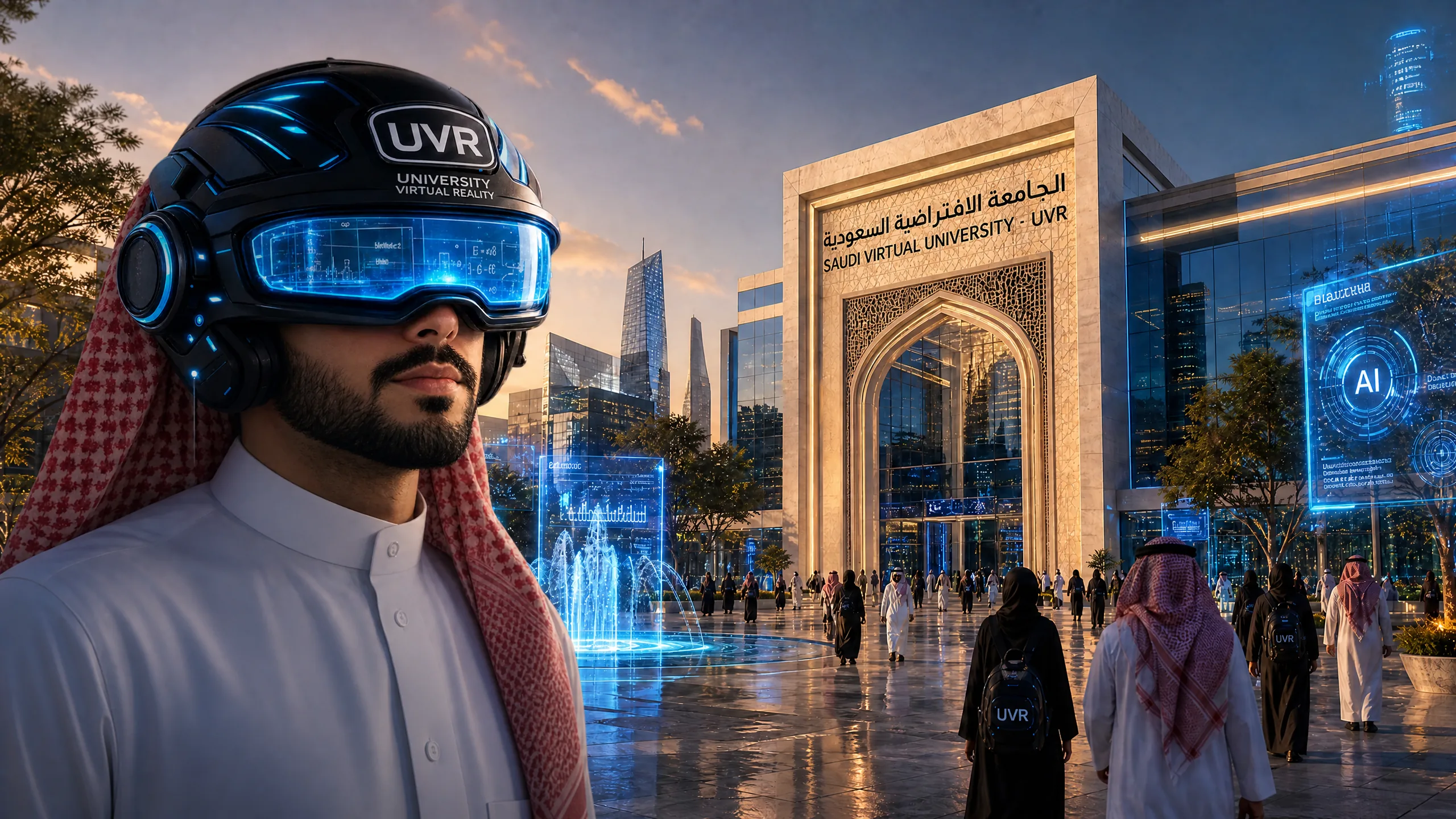 UVR University Virtual Reality – طالب سعودي يرتدي خوذة الواقع الافتراضي التعليمية داخل الحرم الجامعي الافتراضي – أول جامعة افتراضية في المملكة العربية السعودية